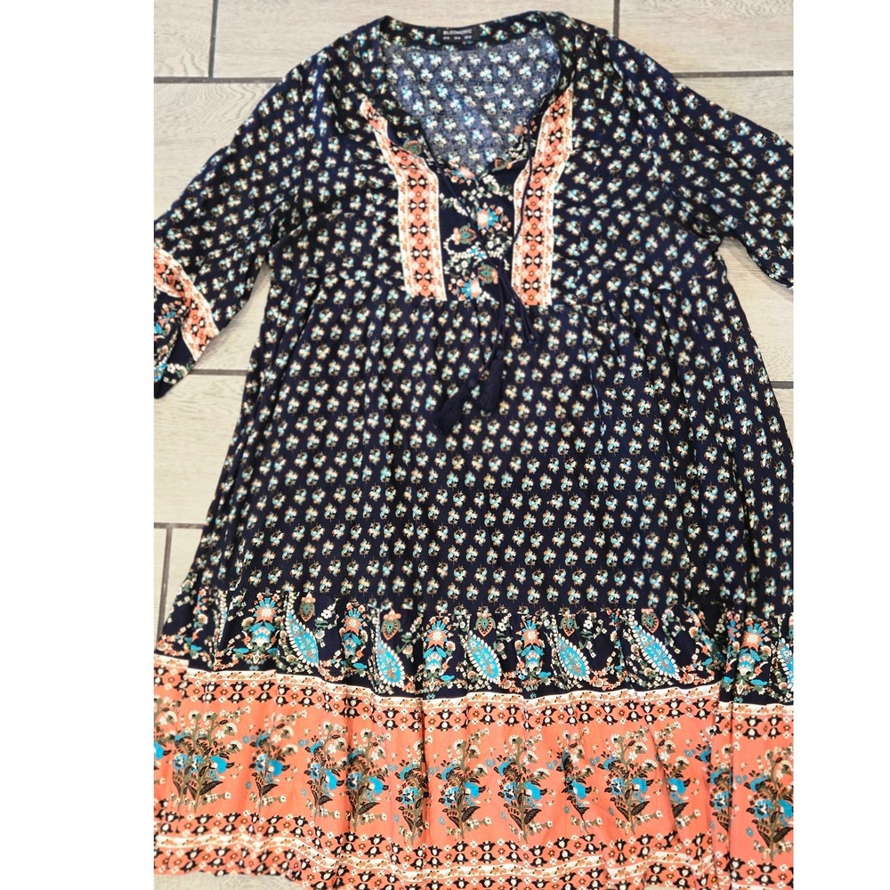 Bloomchic Womens Boho Floral Paisley Mini Dress Navy Blue Coral Size 12 V-Neck